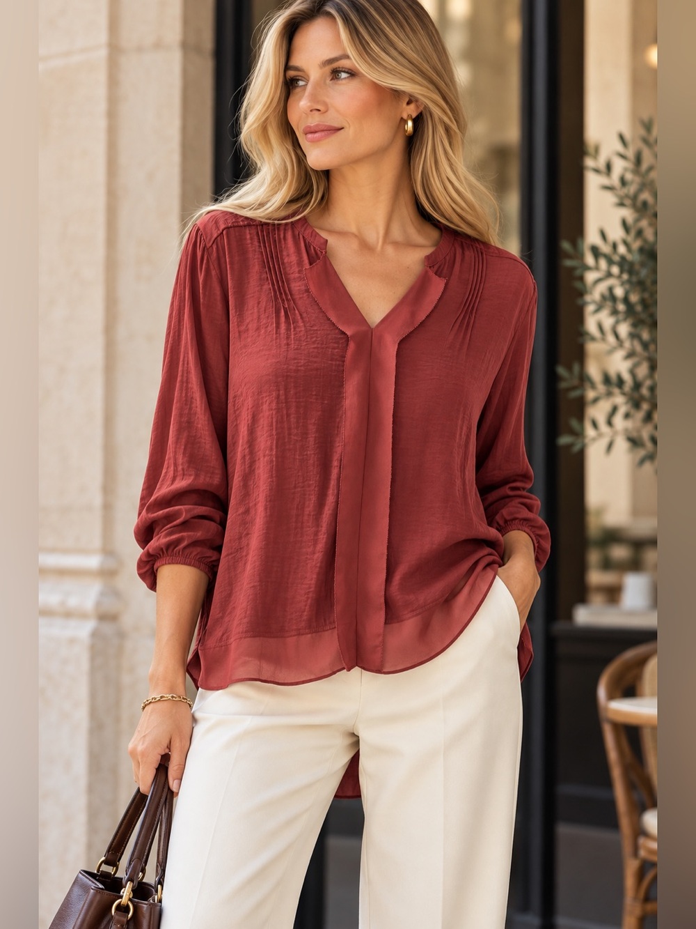 Simply Vera Vera Wang Brick Red V-Neck Long-Sleeve Blouse